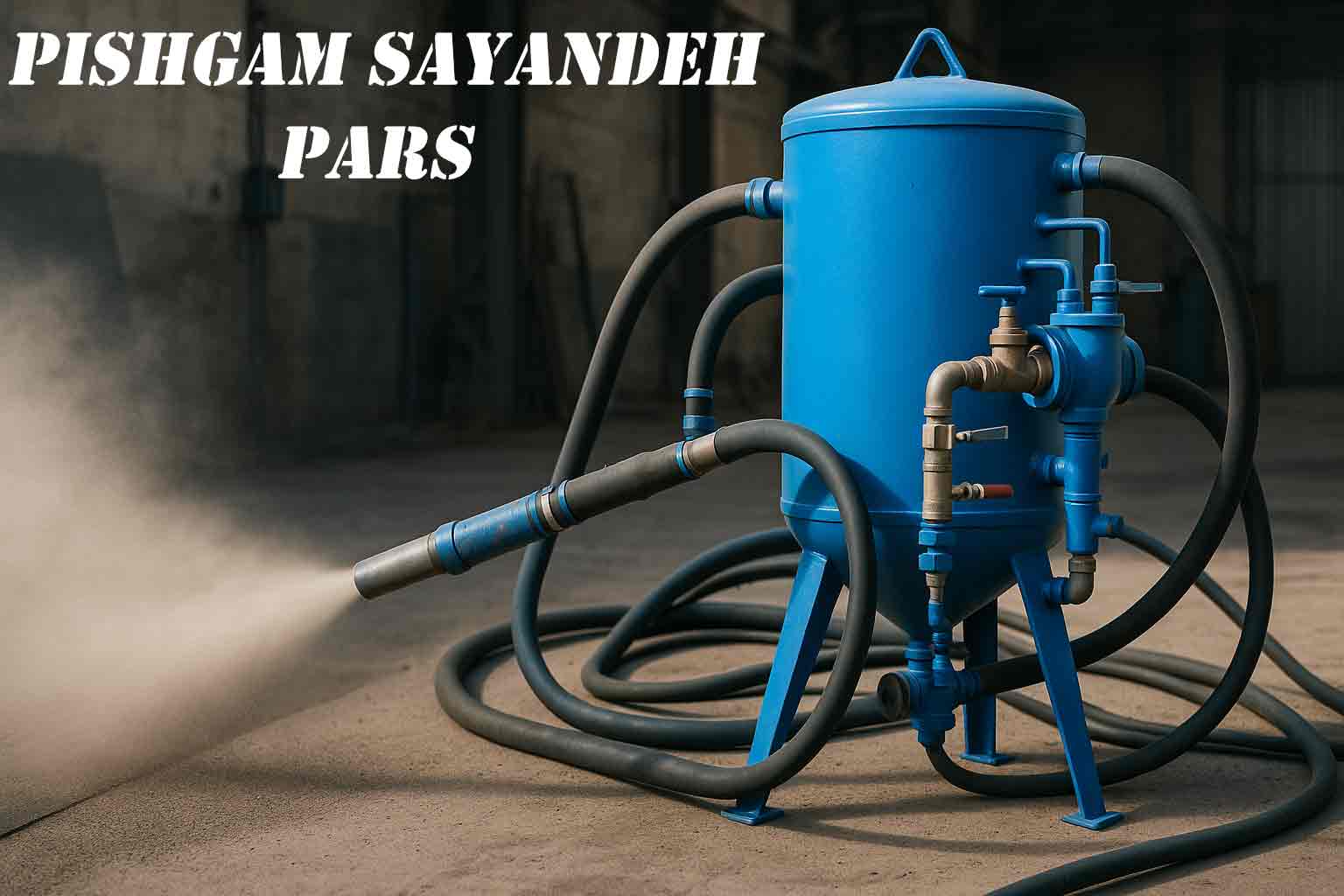 Blue industrial sandblasting machine in action with pressure hoses in a workshop setting