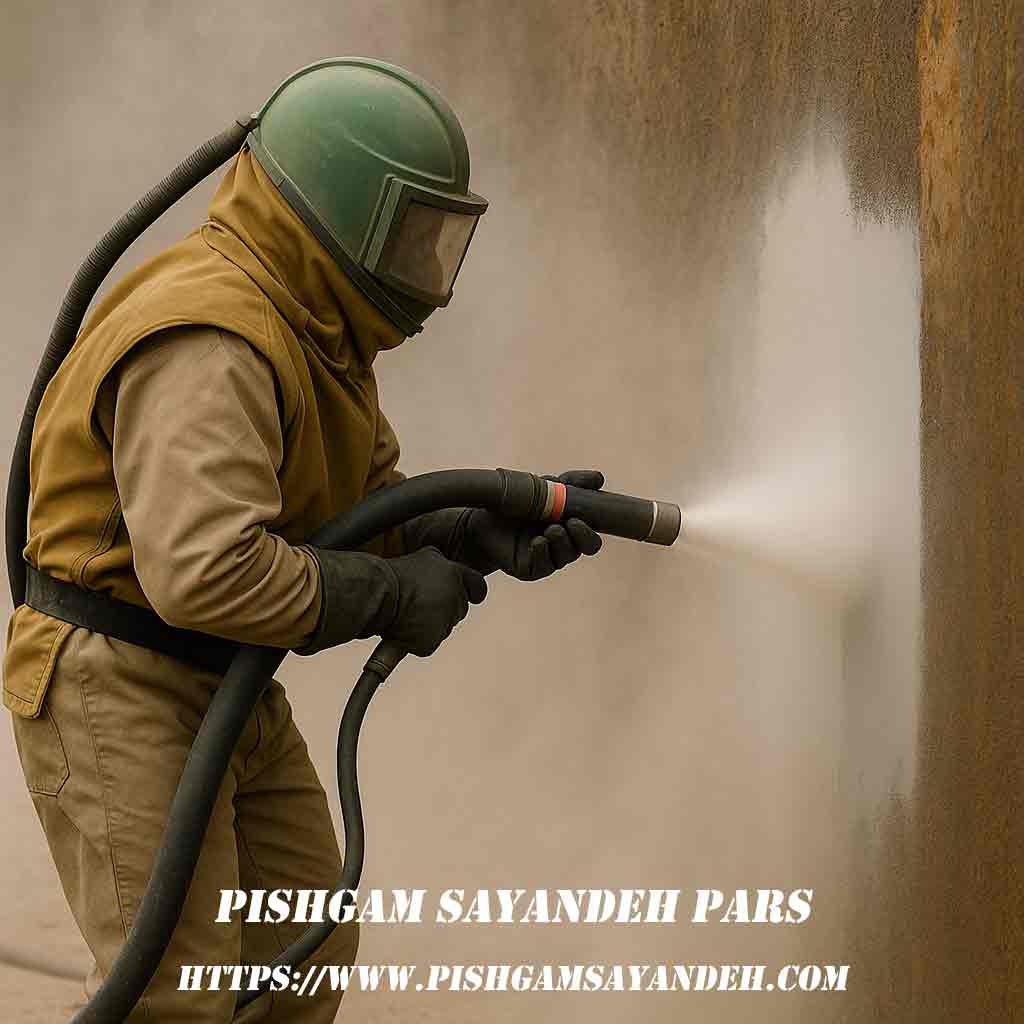 عملیات سندبلاست سطح فلزی زنگ‌زده توسط اپراتور با نازل و لباس ایمنی